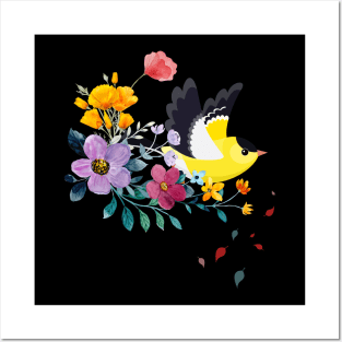 yellow bird and colorful flowers abstract art Posters and Art